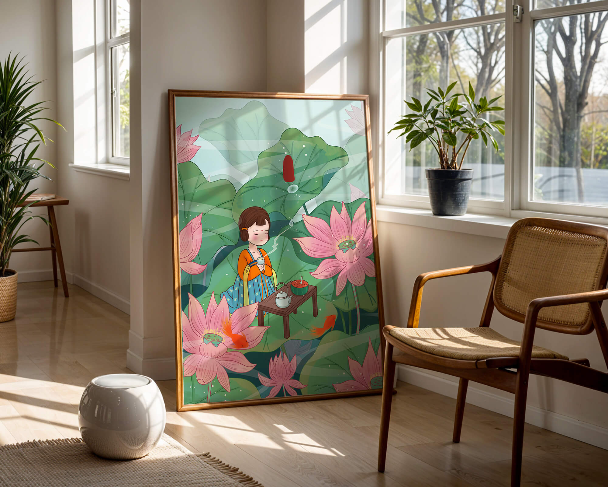 Serene illustration of a girl enjoying tea among lotus flowers