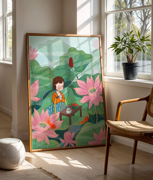Serene illustration of a girl enjoying tea among lotus flowers