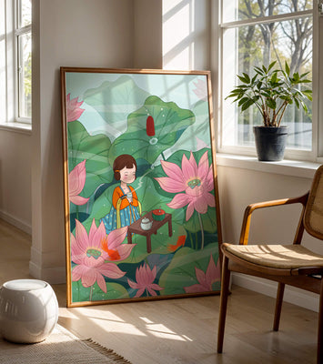 Serene illustration of a girl enjoying tea among lotus flowers