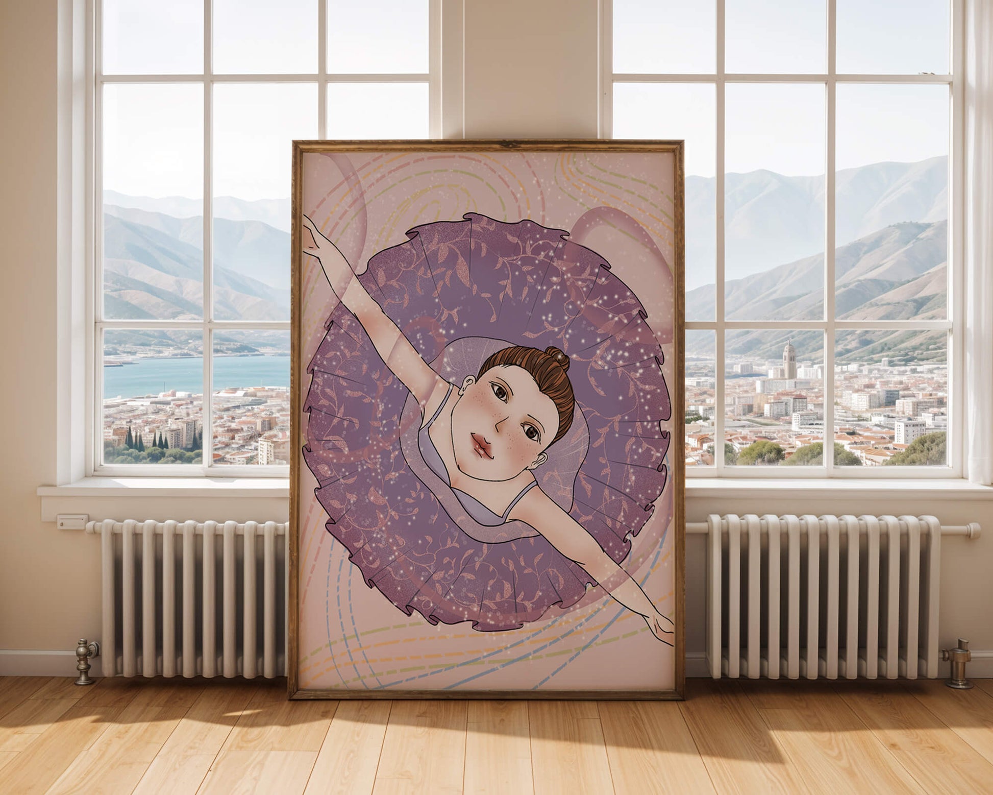 Graceful ballerina in a purple tutu with sparkling details