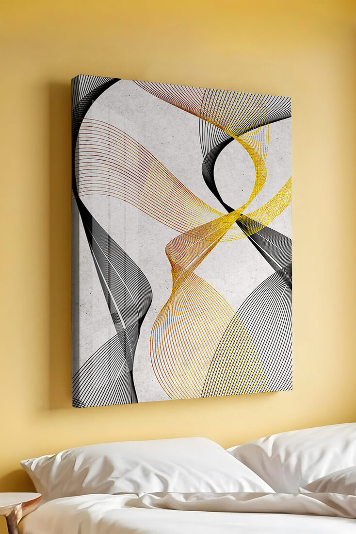 Elegant abstract waves with gold and black lines on textured background