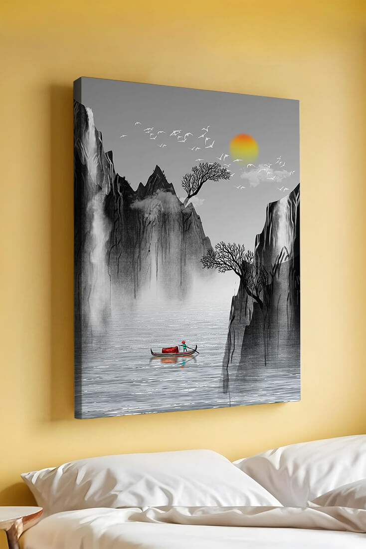Serene landscape with mountains, river, and a boat under the sun