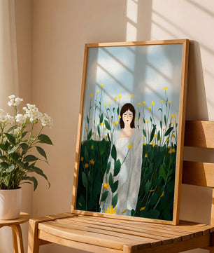 Femme en manteau blanc parmi les fleurs jaunes