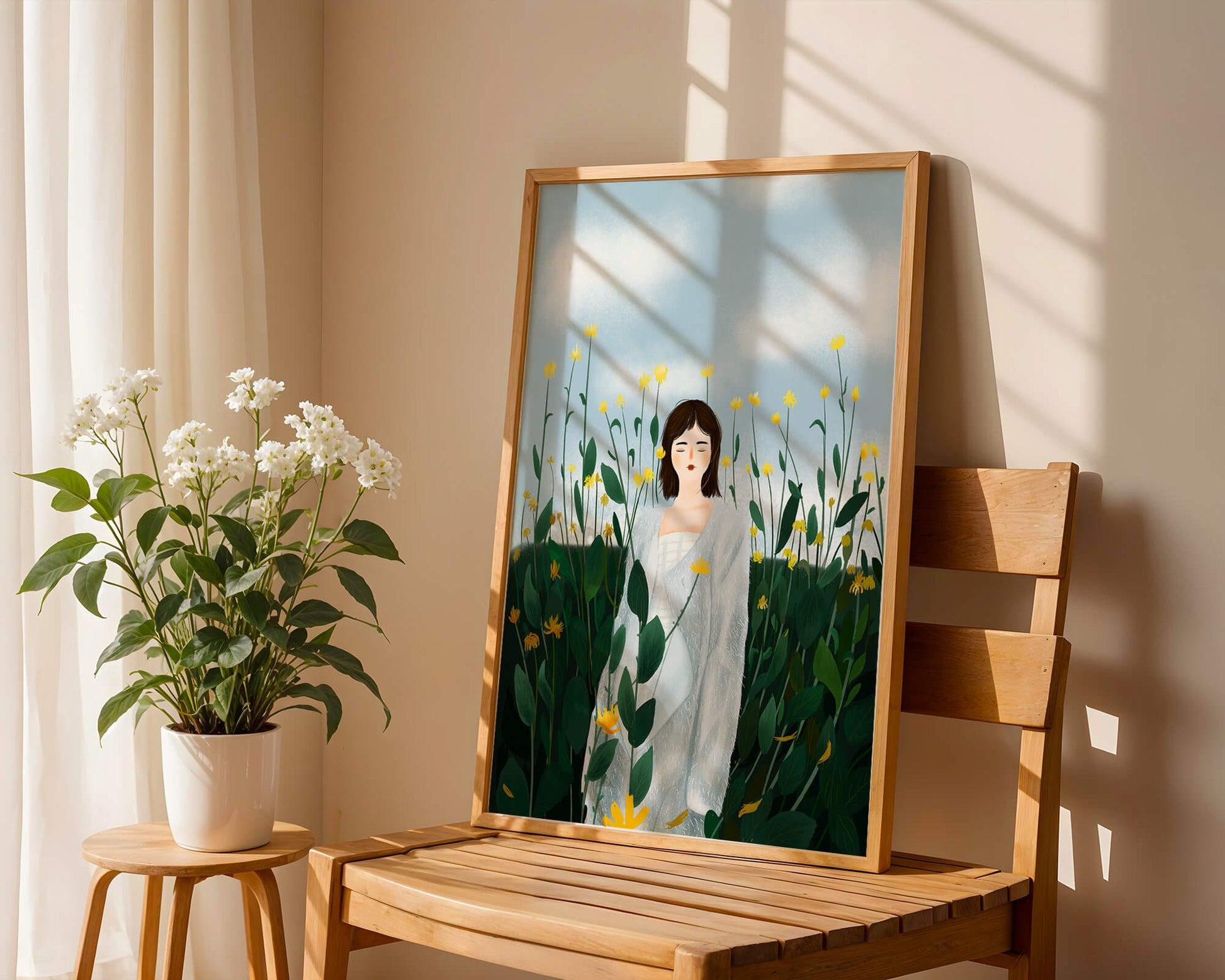 Mujer con abrigo blanco entre flores amarillas