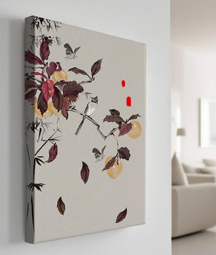 Elegant nature illustration featuring butterflies and birds on a branch