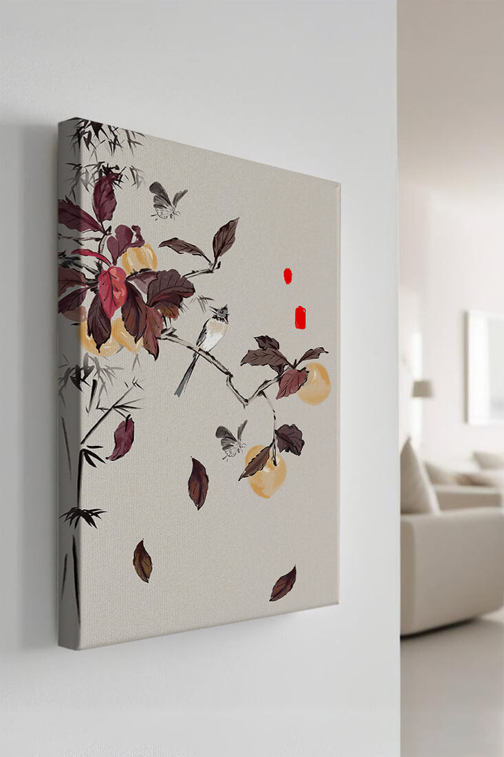 Elegant nature illustration featuring butterflies and birds on a branch