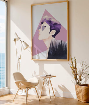 Abstract Portrait of a Person with Forest Silhouette and Purple Hair - Mi tienda