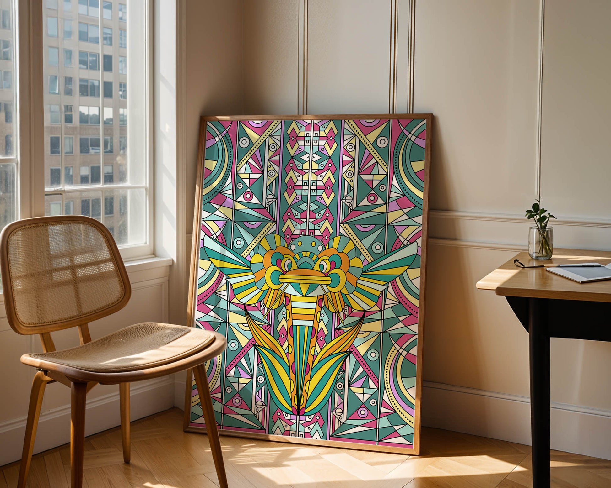 Elefante geométrico colorido con patrones abstractos