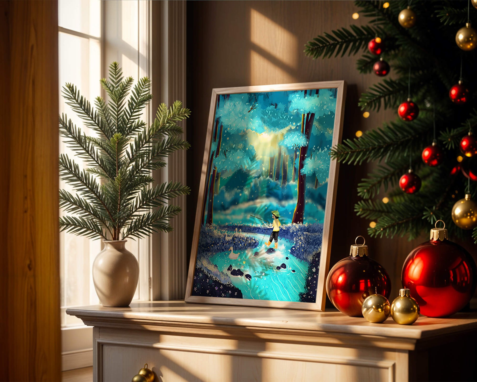 Colorful forest scene with a child and ducks by a stream