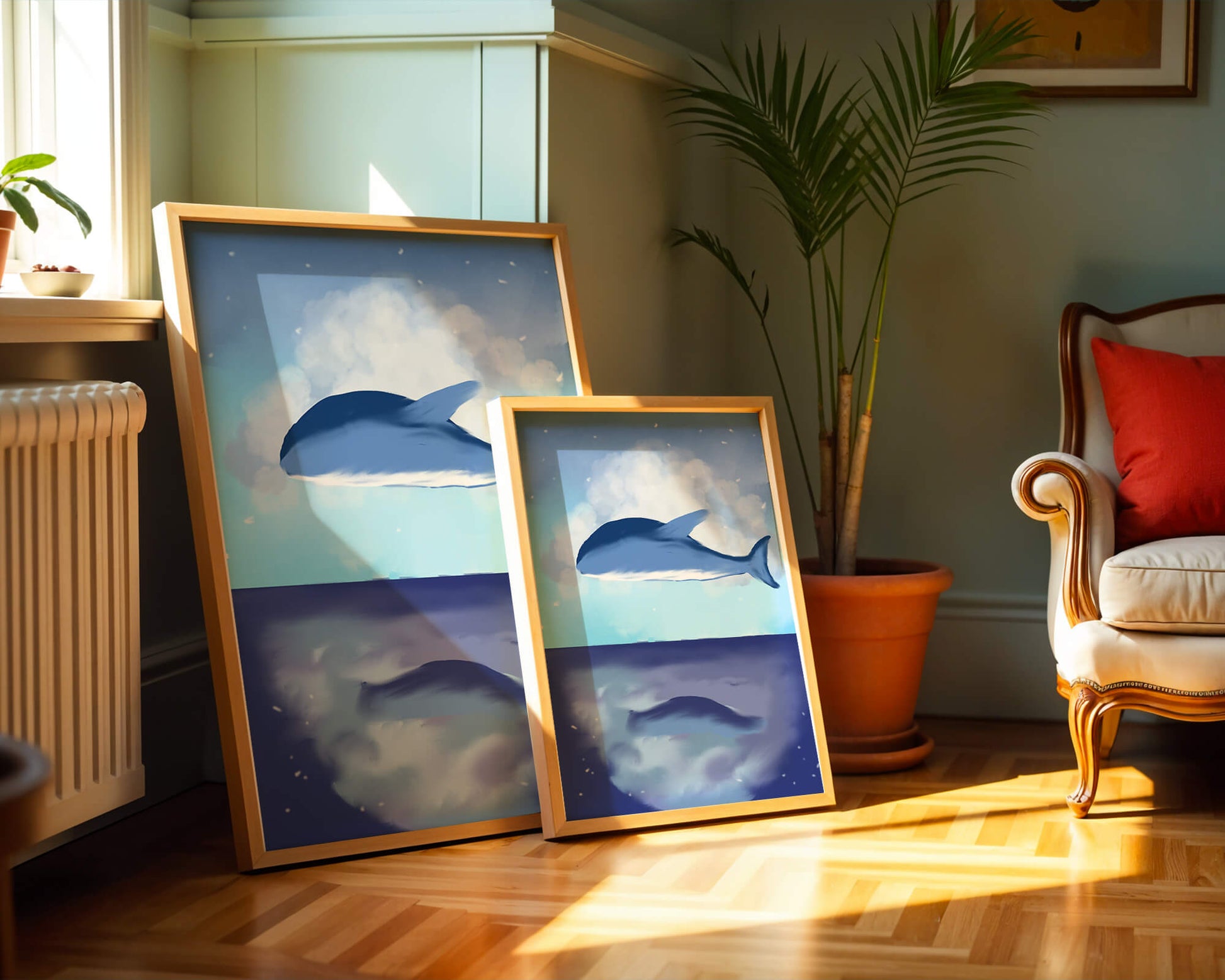 Surreal Ocean Scene with Floating Whale and Cloudy Sky Reflection