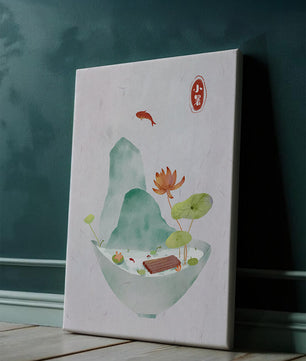 Paysage tranquille avec poissons, lotus et montagne dans un bol