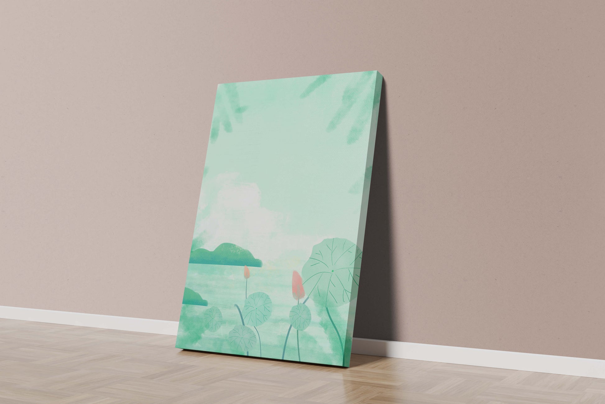 Paisaje de acuarela verde con nenúfares y colinas