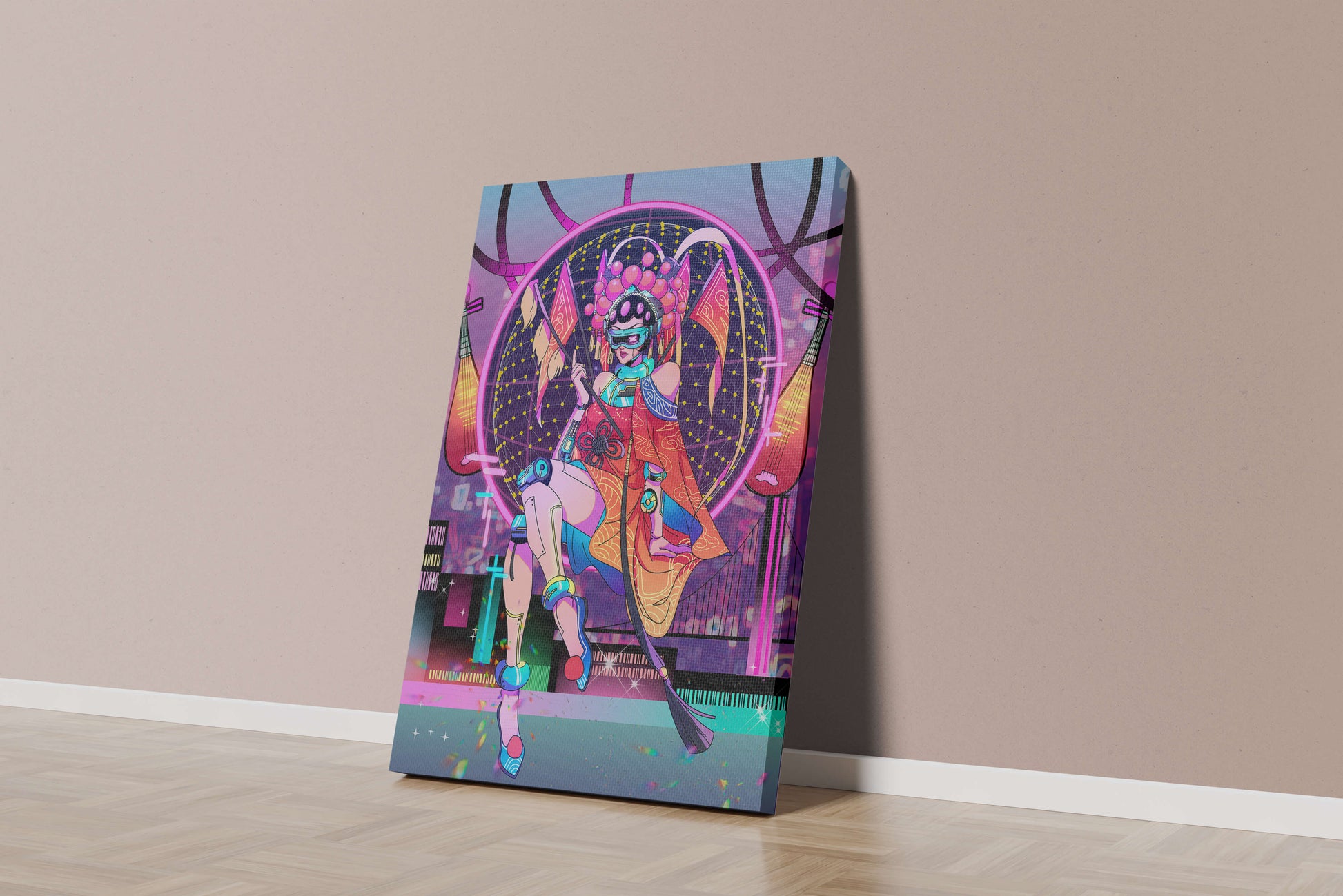 Futuristic geisha with neon lights and traditional elements