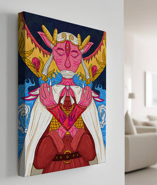 Surreal illustration of a mystical creature with golden horns and vibrant elements