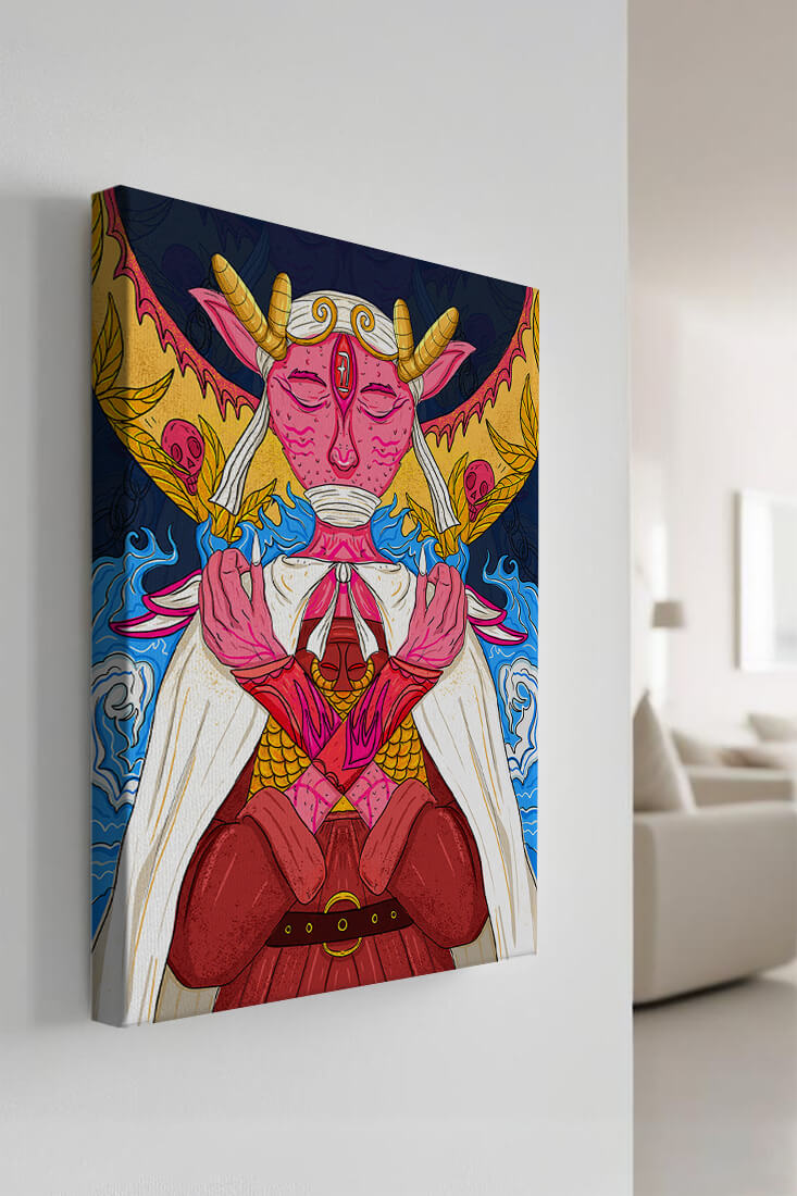 Surreal illustration of a mystical creature with golden horns and vibrant elements