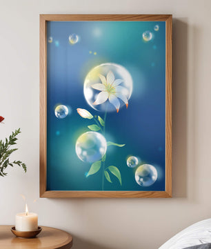Zarte Blume in transparenten Blasen auf einem verträumten blauen Hintergrund