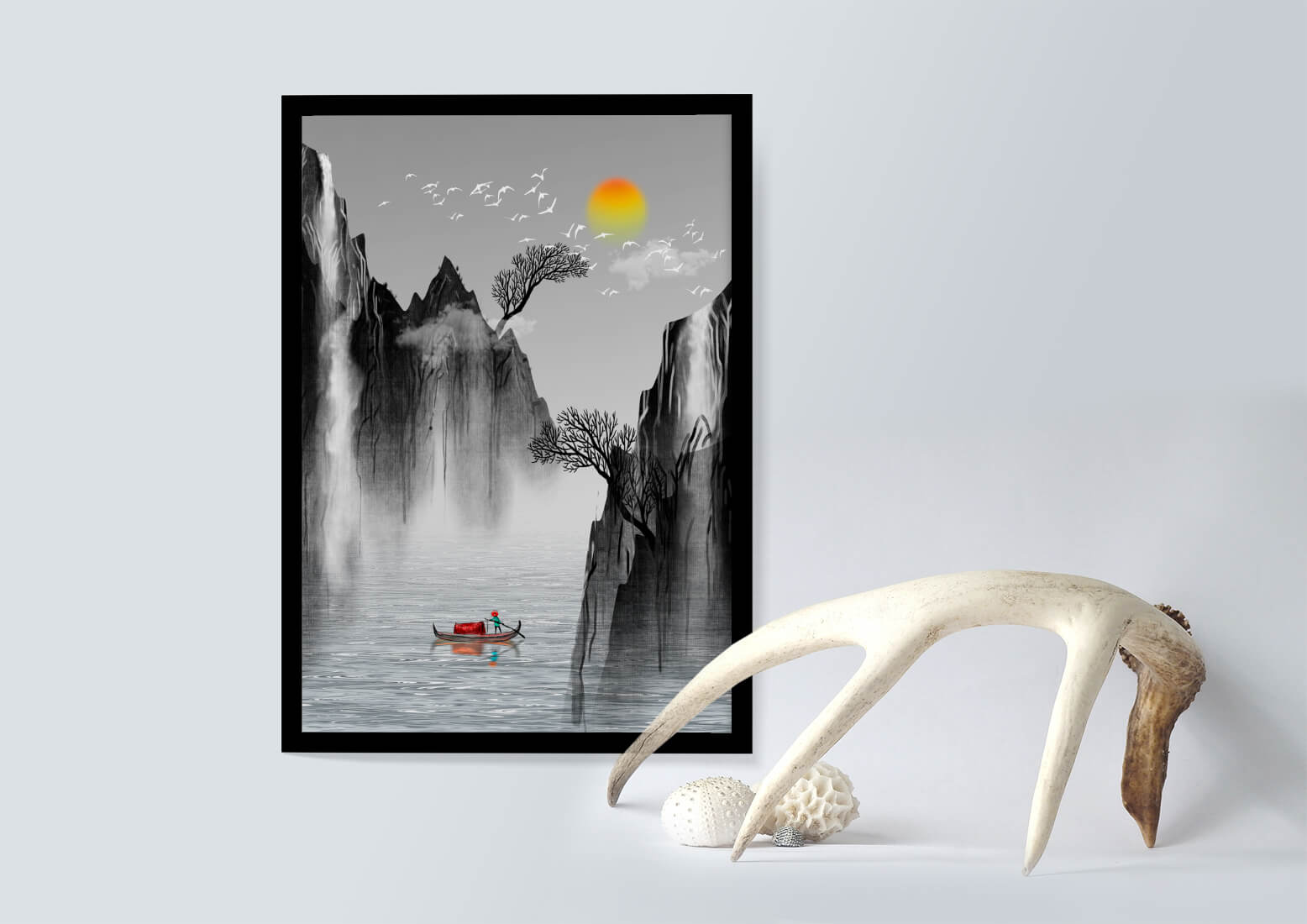 Serene landscape with mountains, river, and a boat under the sun