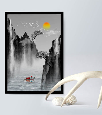 Serene landscape with mountains, river, and a boat under the sun
