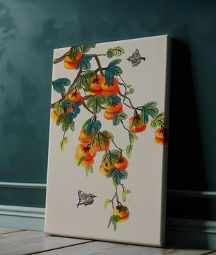 Branch with vibrant persimmons and birds illustration