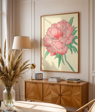 Delicate Pink Peony with Green Leaves Illustration