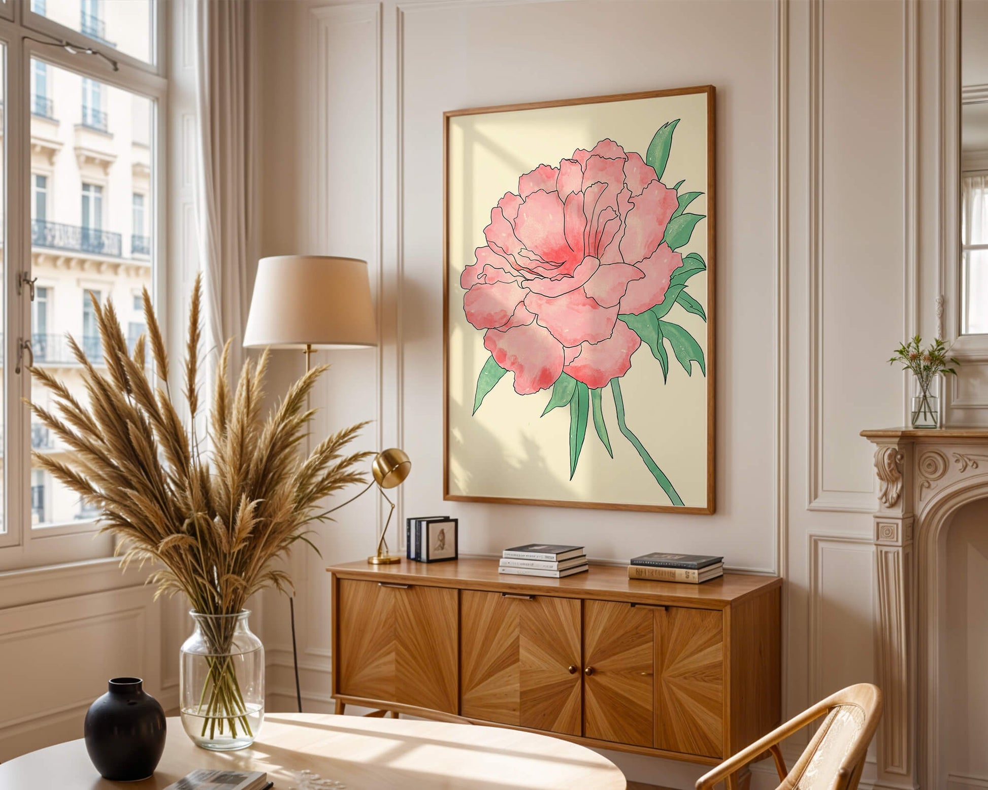 Delicate Pink Peony with Green Leaves Illustration