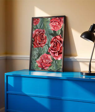 Red roses and green foliage pattern in watercolor style