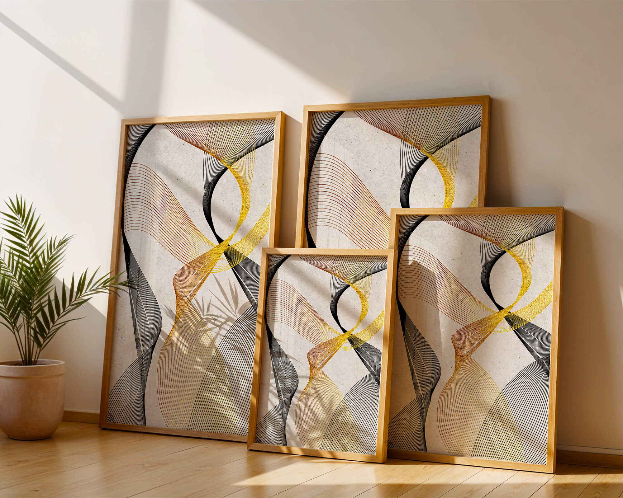 Elegant abstract waves with gold and black lines on textured background