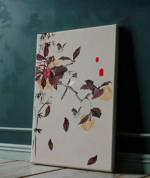 Elegant nature illustration featuring butterflies and birds on a branch