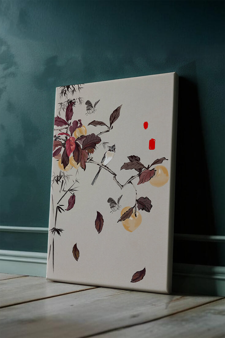 Elegant nature illustration featuring butterflies and birds on a branch