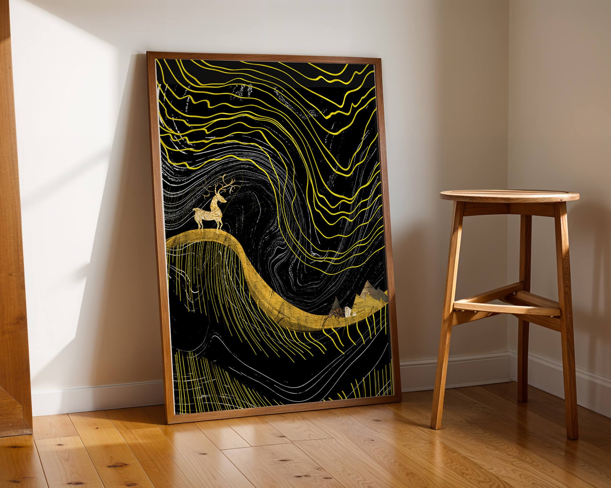 Ciervo dorado y paisaje montañoso abstracto con líneas onduladas