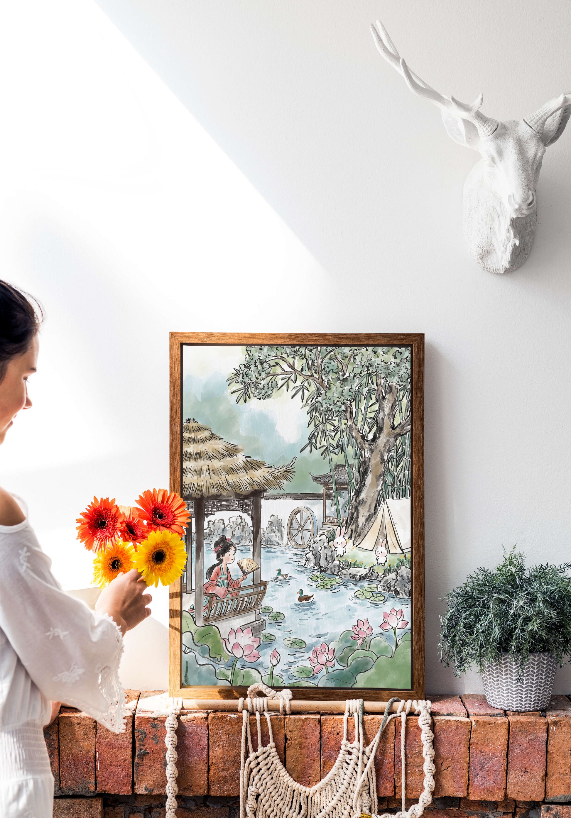 Escena tranquila de jardín con mujer, patos y conejos en un entorno tradicional