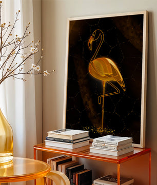 Elegant golden flamingo on abstract dark background