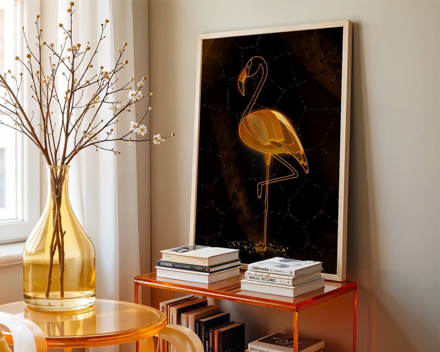 Elegant golden flamingo on abstract dark background