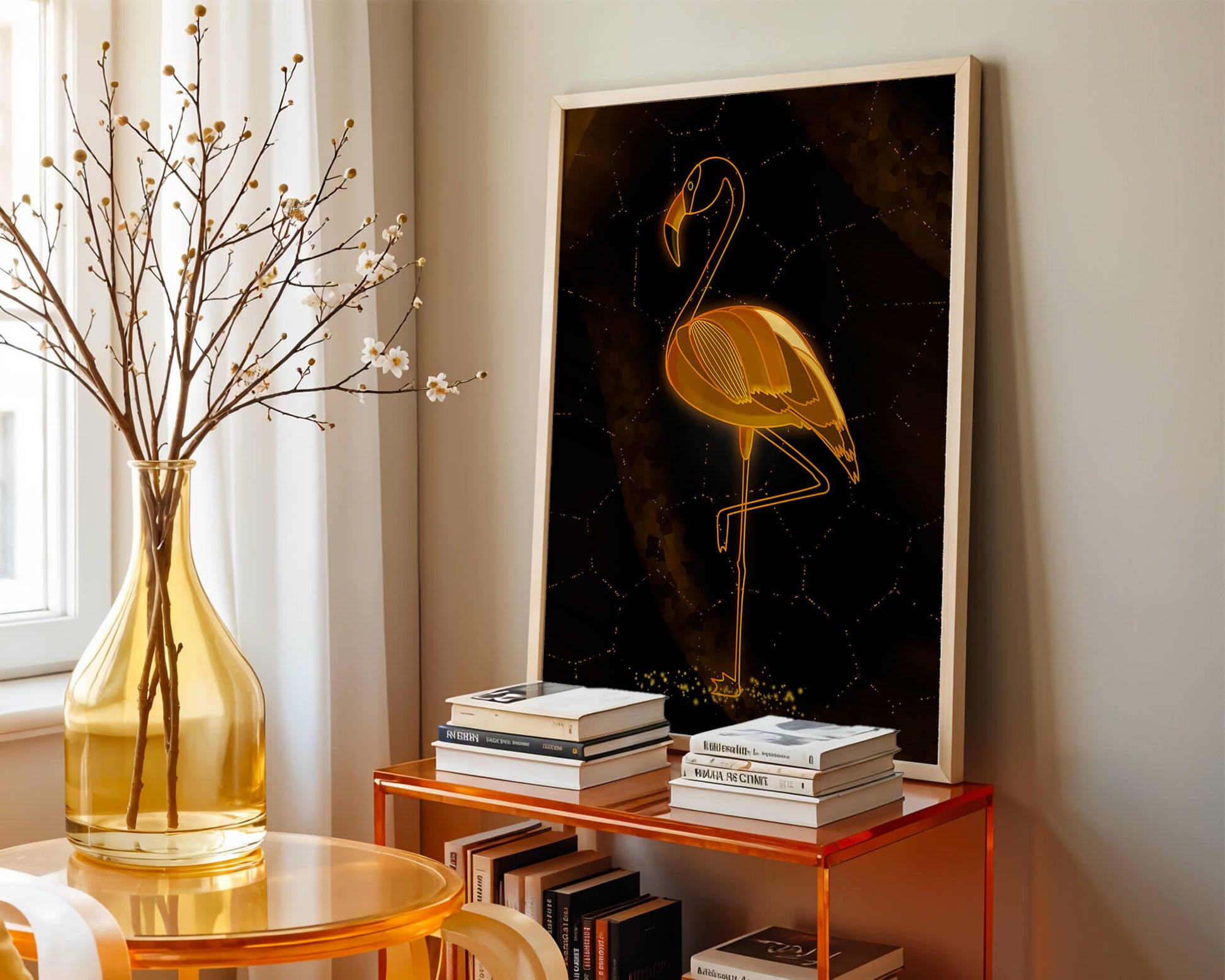 Elegant golden flamingo on abstract dark background