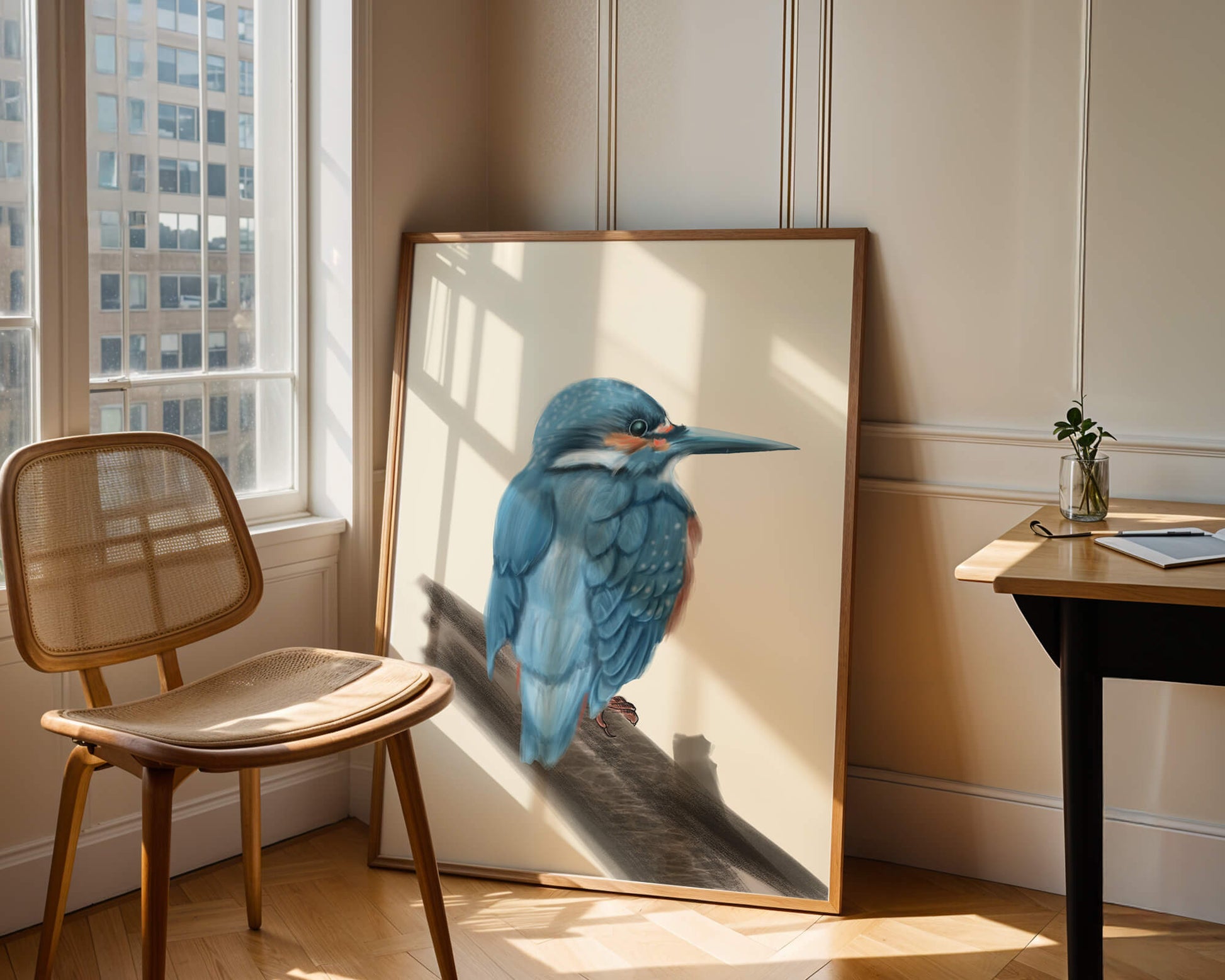 Illustration of a vibrant blue bird on a branch