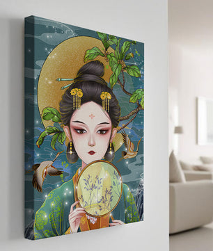 Elegante representación de una mujer con atuendo tradicional sosteniendo un abanico decorativo