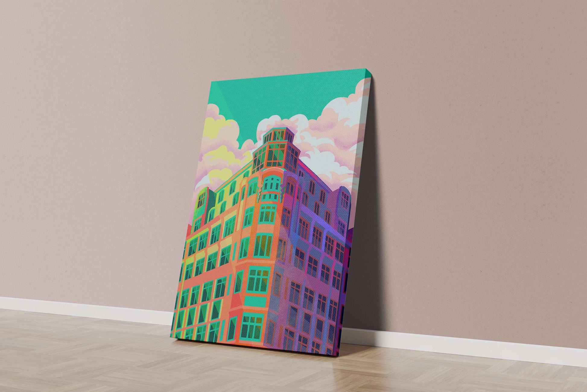 Colorful geometric building with vibrant sky