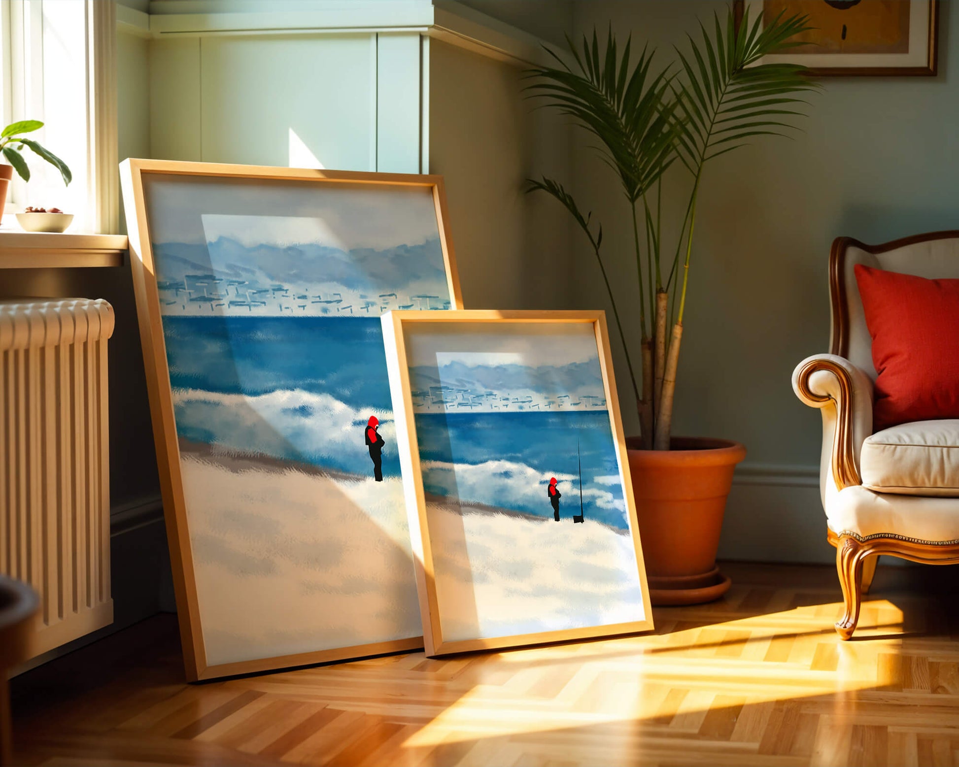 Winterlandschaft mit Person in roter Jacke am Meer