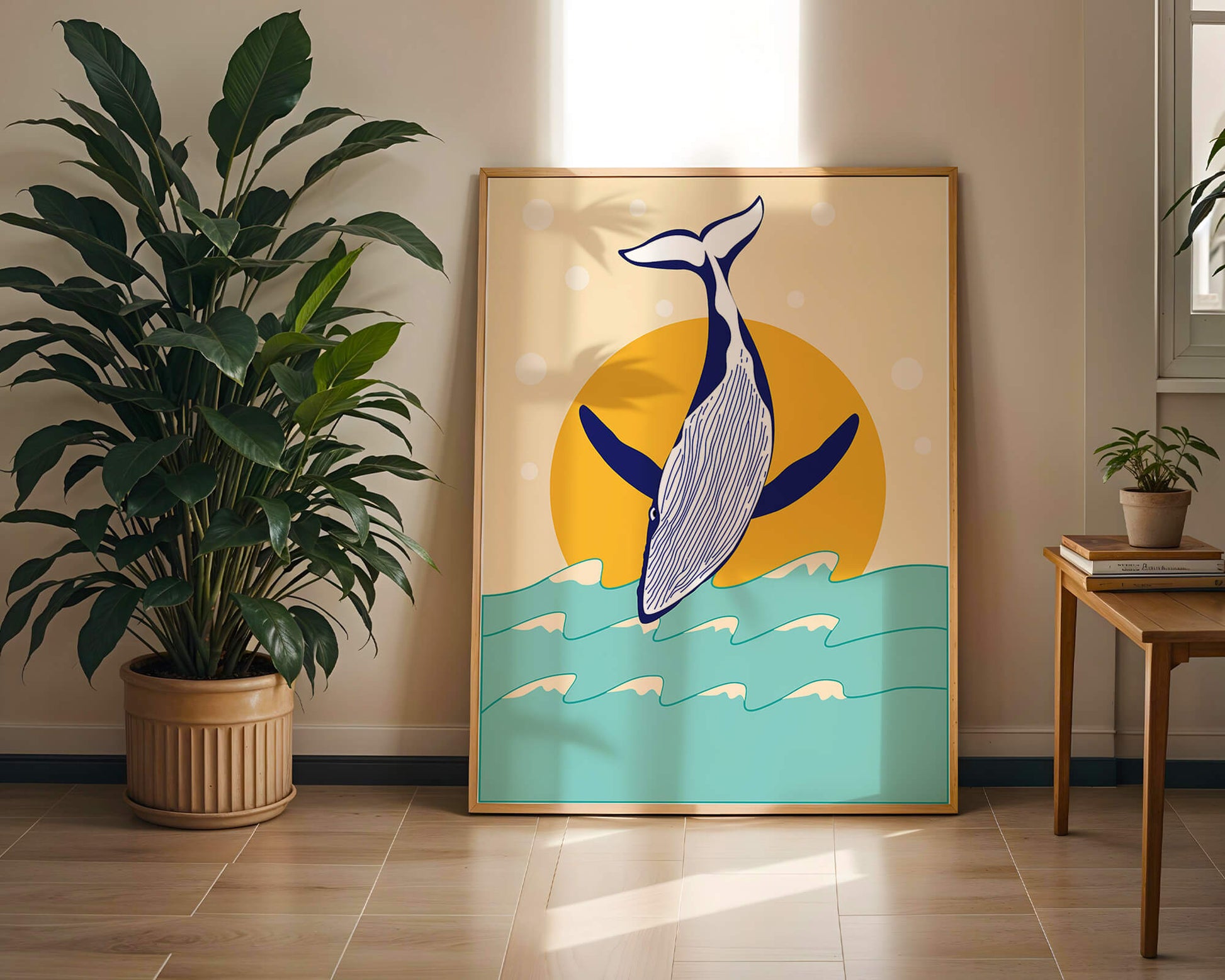 Illustration of a whale jumping over waves with sun backdrop