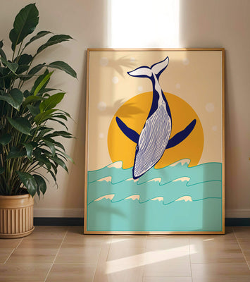 Illustration of a whale jumping over waves with sun backdrop