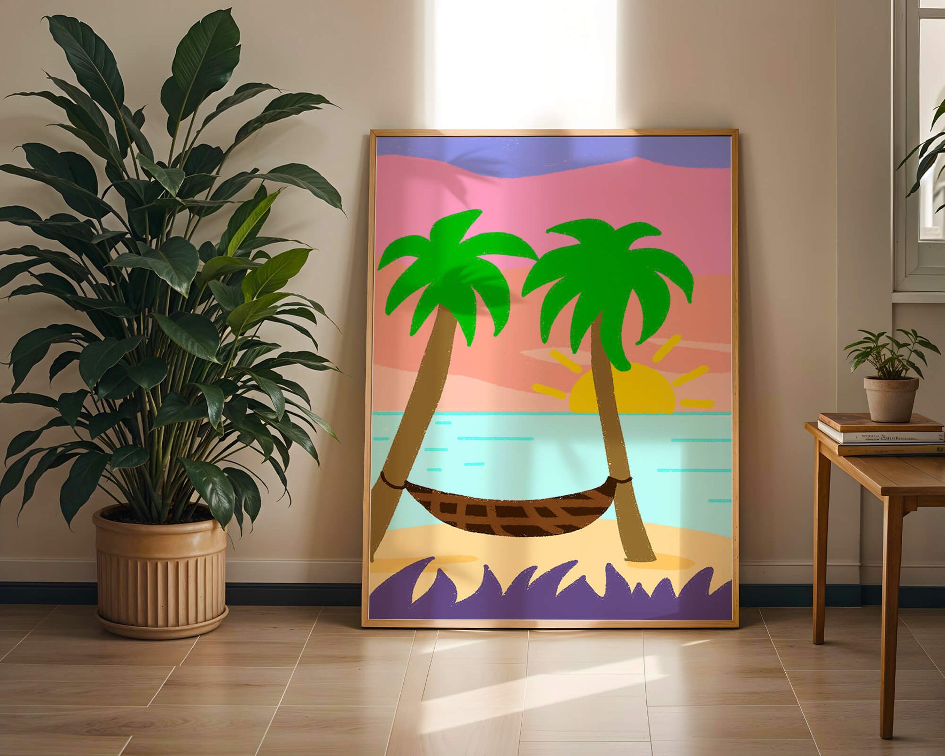 Tranquil beach scene with hammock and sunset