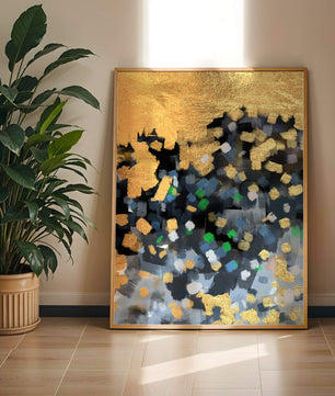 Arte abstracto con dorado y pinceladas coloridas
