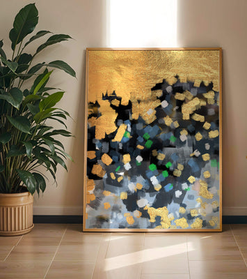 Abstract art with gold and colorful brushstrokes