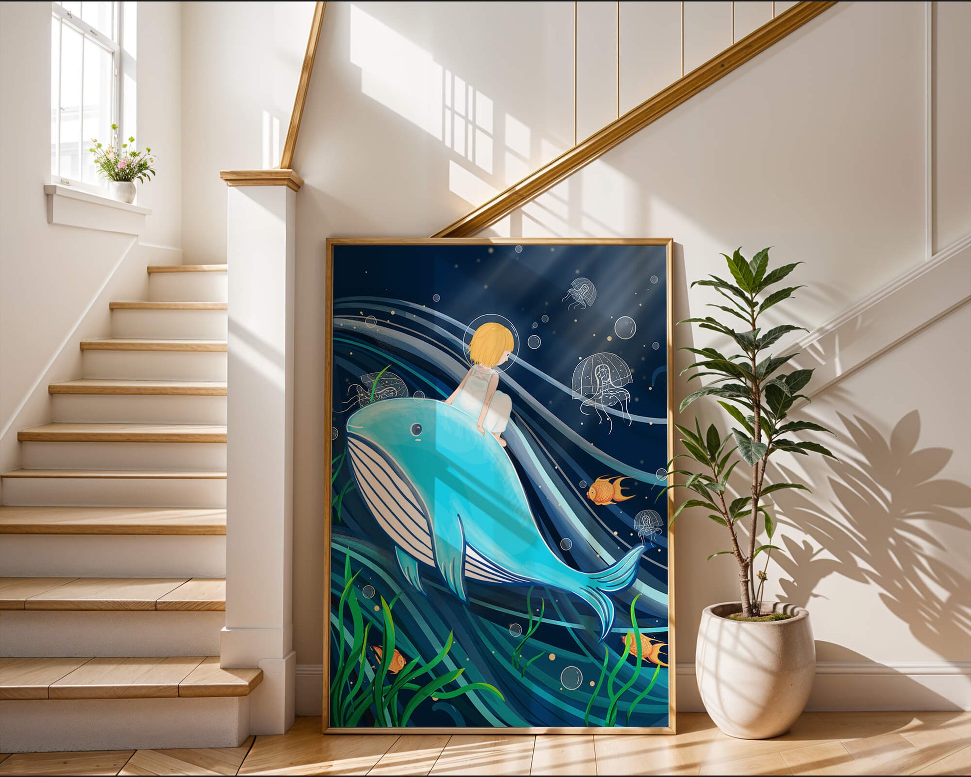 Whimsisches Unterwasserszenario mit Kind und Blauwal
