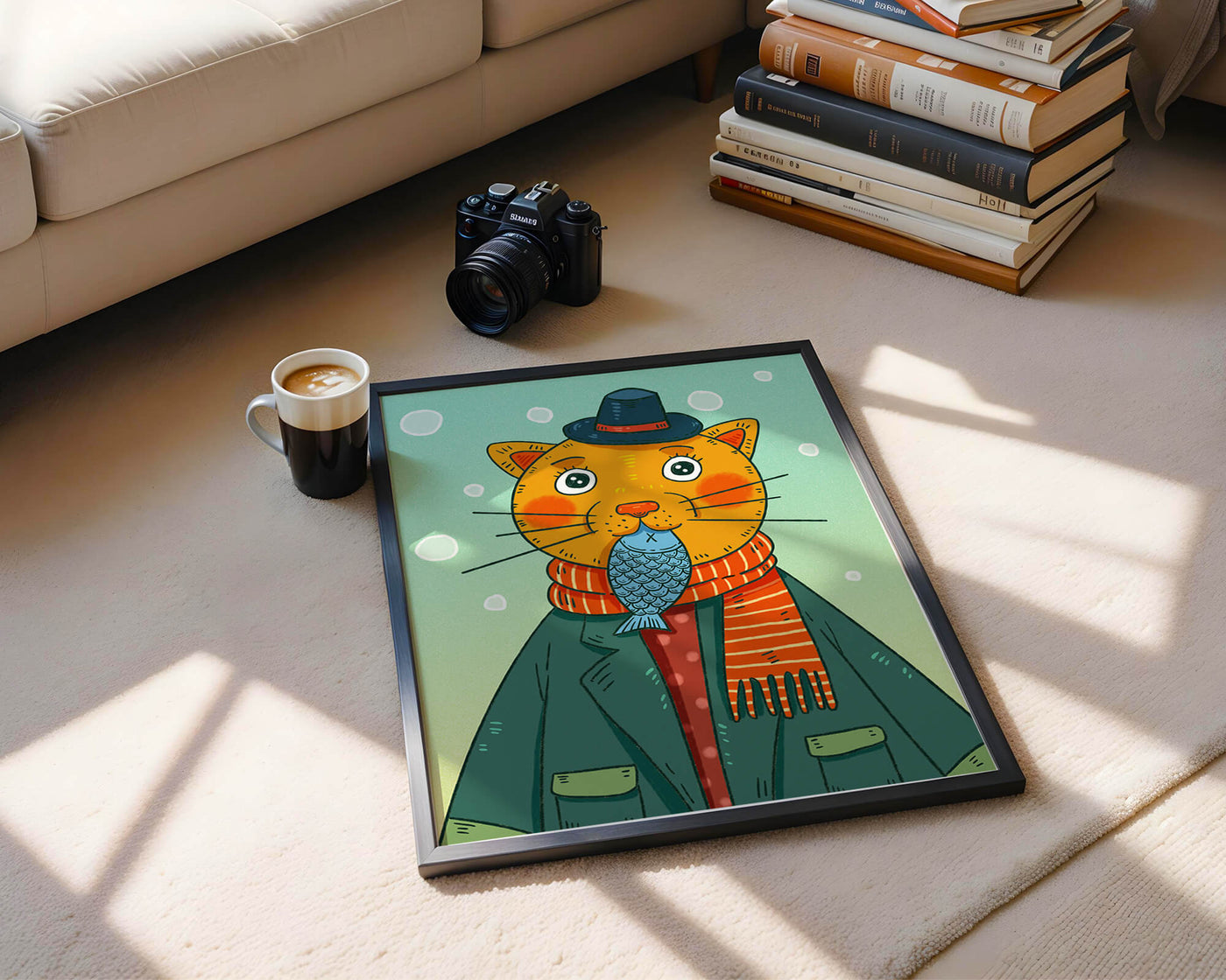 Whimsical cat dressed in colorful winter attire