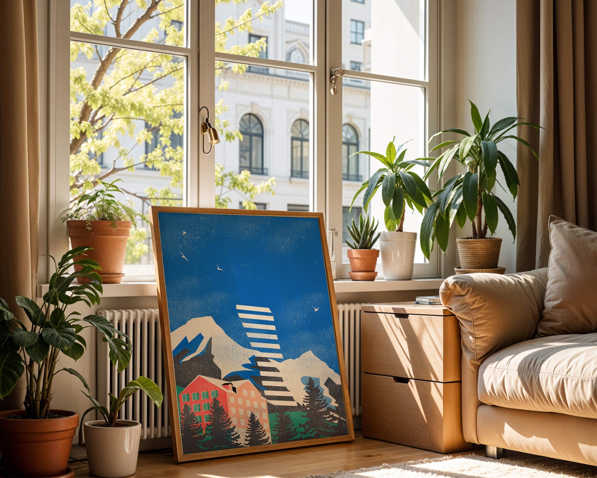 Mountain Resort in a Vibrant Landscape with Blue Sky and Birds