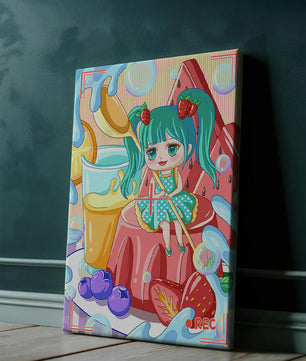 Scène de dessert fantaisiste avec un personnage mignon et des couleurs vives