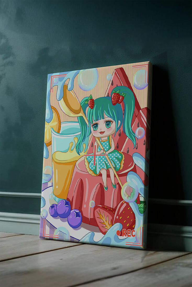 Whimsical dessert scene with cute character and vibrant colors