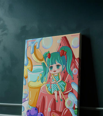 Whimsical dessert scene with cute character and vibrant colors