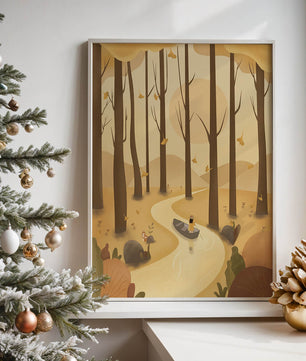 Serene autumn forest with river and boat in digital art scene